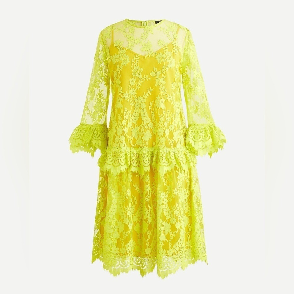 J.Crew -Three-quarter-sleeve dress chantilly lace -Sz 4 (Runs Big) -Neon Yellow
